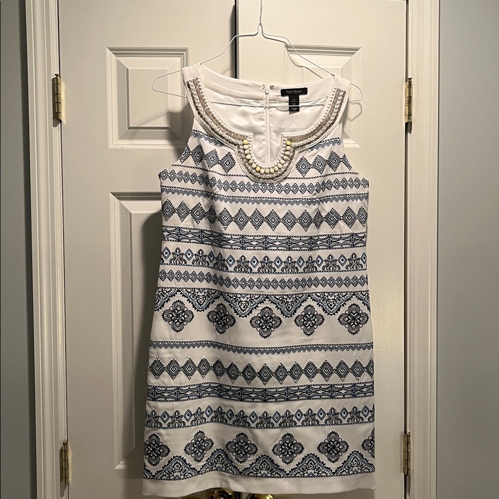 White House Black Market Embellished White and Blue Dress